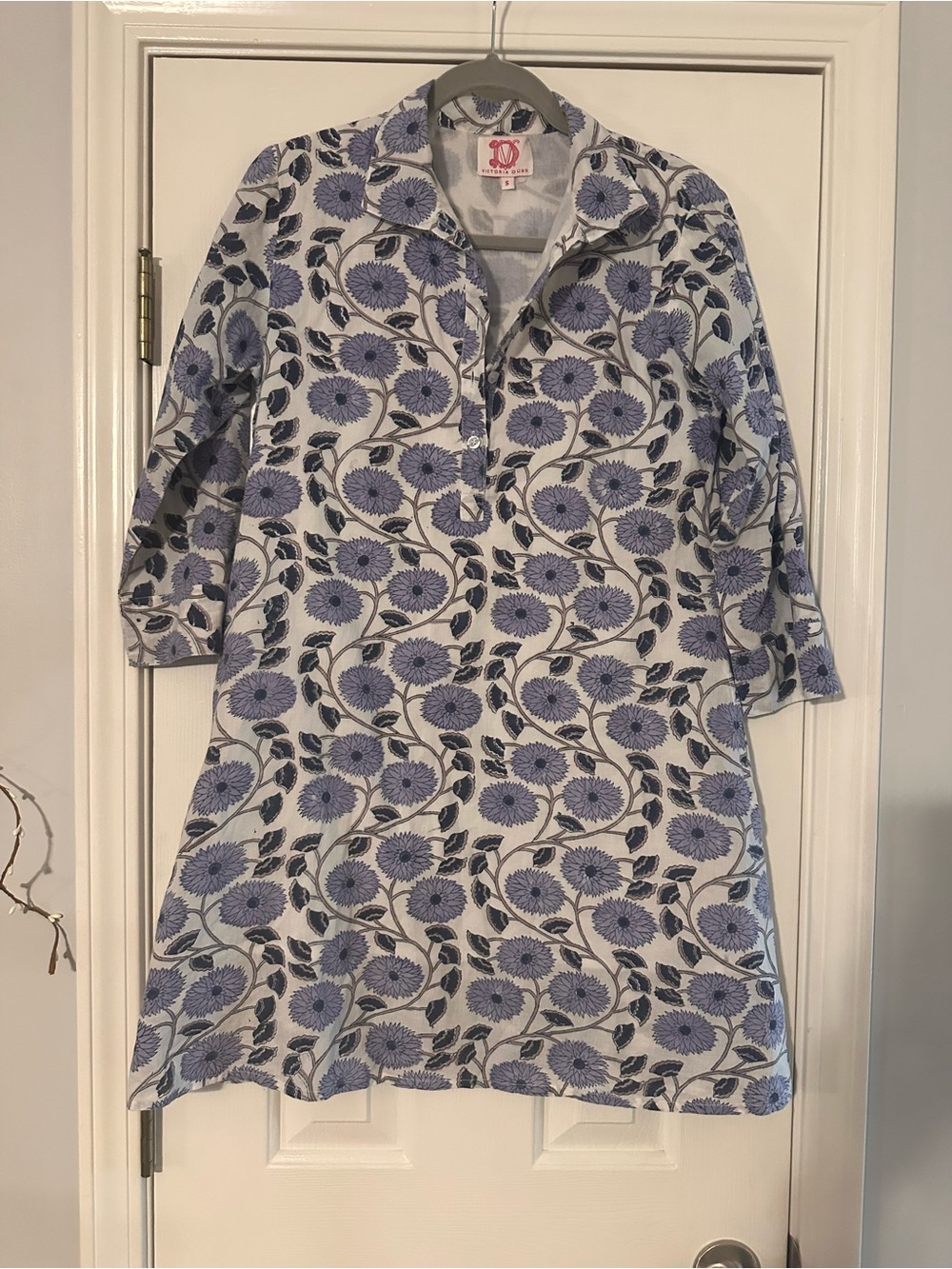 Victoria Dunn Block Print Shirt Dress Blue Short Collar 3/4 sleeve